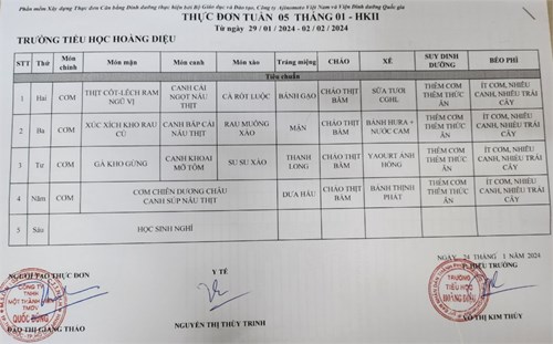 Thực đơn tuần 05 tháng 01 học kỳ 2 - Trường Tiểu học Hoàng Diệu (Từ ngày 29/01/2024 – 02/02/2024)