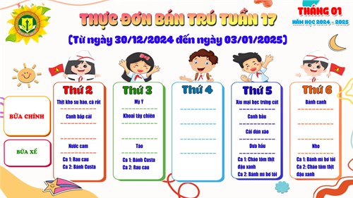 Thực đơn bán trú tuần 17 (từ ngày 31/12/2024 đến 03/01/2025) Năm học 2024-2025