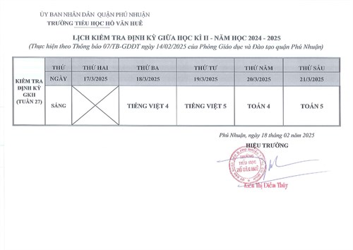 Lịch kiểm tra định kỳ giữa học kỳ ii - năm học 2024 - 2025