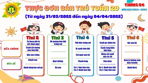 Thưc đơn Tuần 29 (Từ ngày 31/03/2025 đến ngày 04/04/2025)