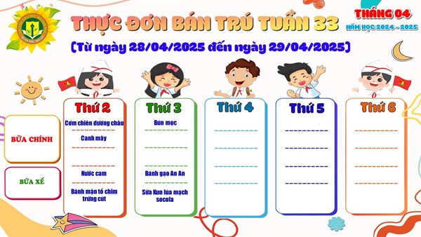 Thực đơn Tuần 33 (Từ ngày 28/04/2025 - 29/04/2025)