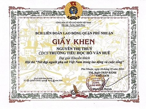 Cô Nguyễn Thị Thúy - CĐCS Hồ Văn Huê đạt giải Khuyến khích Hội thi viết với chủ đề “Nét đẹp người phụ nữ Việt Nam trong lao động và cuộc sống”