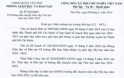 Số:1574/GDĐT Về Hướng dẫn chuyên môn cấp Tiểu học năm học 2024 - 2025