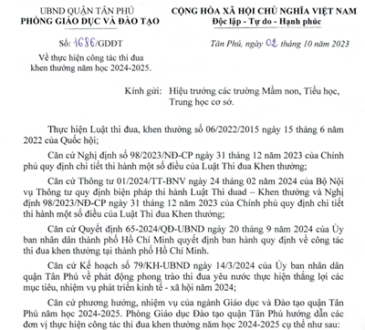 Số:1686/GDĐT Về thực hiện công tác thi đua khen thưởng năm học 2024-2025