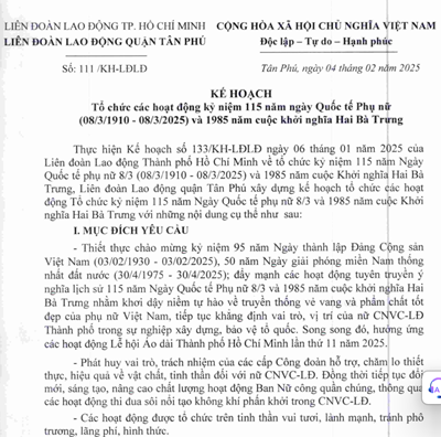 Kính gửi thầy cô  Kế hoạch 111/KH-LĐLĐ Của Ban thường vụ Liên đoàn Lao động quận về tổ chức các hoạt động chào mừng 115 ngày Quốc tế phụ nữ 8/3.