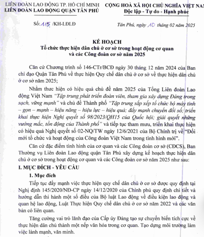 Kế hoạch số 115/KH-LĐLĐ ngày 10/02/2025 của Liên đoàn Lao động quận Tân Phú.