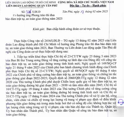 Công văn Số: 326/LĐLĐ V/v hưởng ứng Phong trào thi đua bảo đảm trật tự, an toàn giao thông năm 2025.