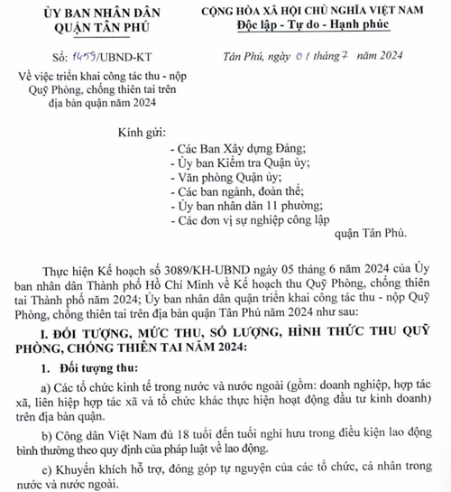 Số: 1459/UBND-KT Về việc triển khai công tác thu - nộp Qũy Phòng, chống thiên tai trên địa bàn quận năm 2024