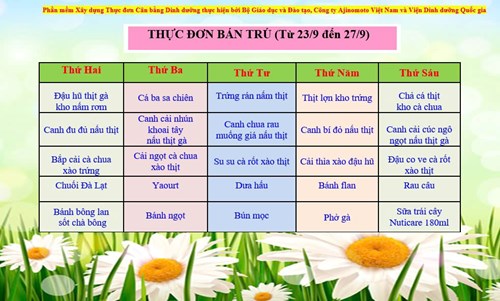 Thực đơn bán trú (23/9 - 27/9)