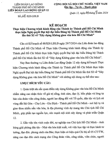 Kế hoạch thực hiện Chường trình hành động của Thành uỷ Thành phố Hồ Chí Minh thực hiện Nghị Quyết Đại hội đai biểu Đảng bộ Thành phố Hồ Chí Minh lần thứ XI về  xây dựng Không gian văn hoá Hồ Chí Minh 