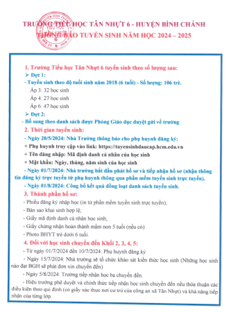 Kế Hoạch Huy Động Trẻ Ra Lớp 1 Và Tuyển Sinh Vào Lớp 1 - Năm Học 2024 - 2025