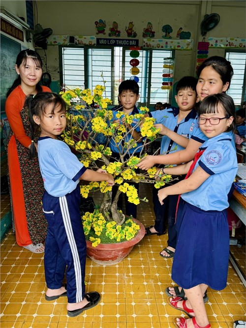 Hình ảnh học sinh điểm chính ấp 6 tham gia Hội thi kết cây mai mừng Đảng mừng Xuân năm 2024 tổ chức chiều ngày 23/01/2024.