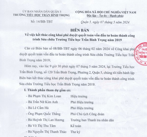 BIÊN BẢN
Về việc kết thúc công khai phê duyệt quyết toán vốn đầu tư hoàn thành công trình Sửa chữa Trường Tiểu học Trần Bình Trọng năm 2019