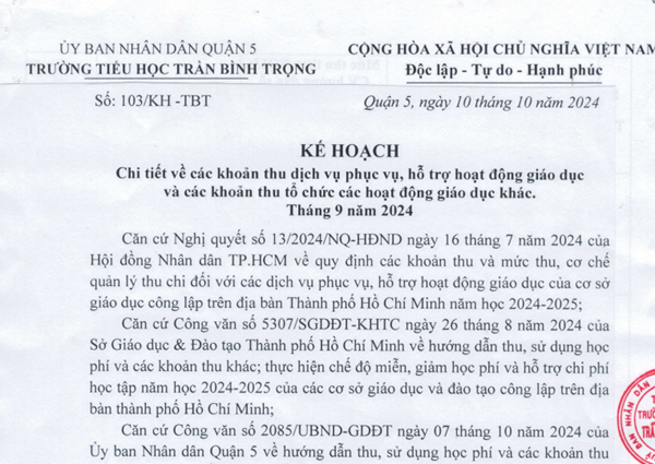 KẾ HOẠCH Chi tiết về các khoản thu dịch vụ phục vụ, hỗ trợ hoạt động giáo dục và các khoản thu tổ chức các hoạt động giáo dục khác. Tháng 9 năm 2024