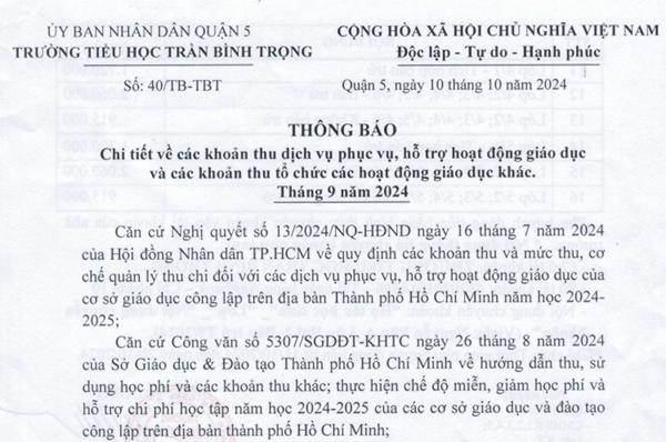 THÔNG BÁO Chi tiết về các khoản thu dịch vụ phục vụ, hỗ trợ hoạt động giáo dục  và các khoản thu tổ chức các hoạt động giáo dục khác. Tháng 9 năm 2024