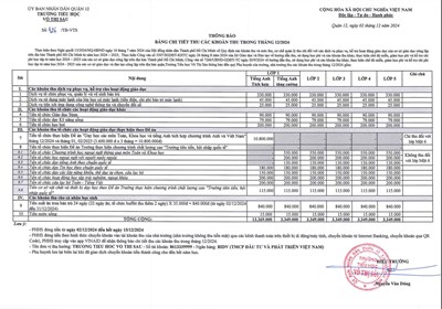 Bảng chi tiết thu các khoản thu trong tháng 12/2024