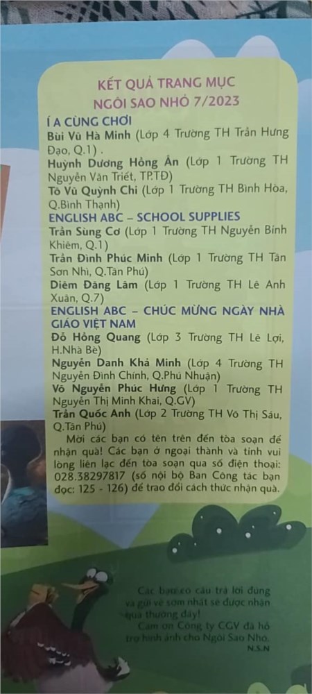 Bạn Huỳnh Dương Hồng Ân lớp 1/5 đạt kết quả trang mục ngôi sao nhỏ 7/2023 trên báo nhi đồng