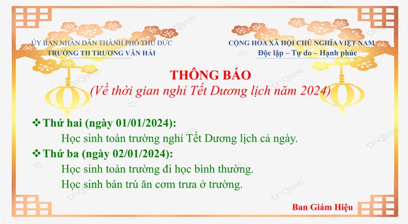 THÔNG BÁO Về thời gian nghỉ Tết Dương lịch năm 2024.