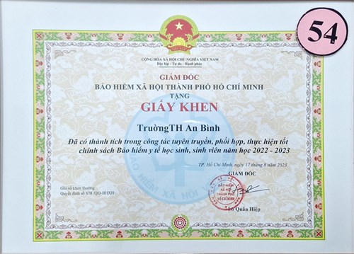 Giấy khen công tác Bảo hiểm y tế học sinh năm học 2022-2023