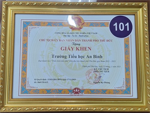 Giấy khen Trường Tiểu học An Bình  Gương điển hình tiên tiến  trên địa bàn thành phố Thủ Đức giai đoạn 2021-2023