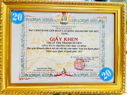 Giấy khen Giải khuyến khích Hội thi Viết bài cảm nhận  Lan tỏa hạnh phúc  nhân ngày Quốc tế hạnh phúc 20/3/2024