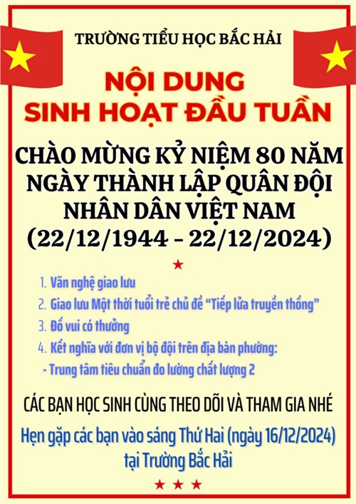 Chương trình sinh hoạt đầu tuần chào mừng kỷ niệm 80 năm ngày thành lập Quân đội nhân dân Việt Nam (22/12/1944-22/12/2024)
