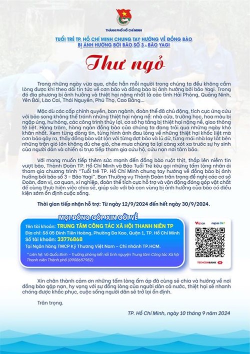 Thư ngỏ - Chương trình “Tuổi trẻ TP. Hồ Chí Minh chung tay hướng về đồng bào bị ảnh hưởng bởi bão số 3 - Bão Yagi 