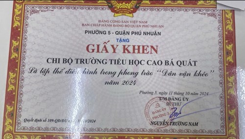 Phường 5 quận Phú Nhuận tặng Giấy khen Chi bộ trường tiểu học Caao Bá Quát là tập thể điển hình trong phong trào “Dân vận khéo” năm 2024