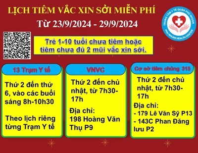 Lịch tiêm vắc xin Sởi miễn phí từ 23/9/2024 – 29/9/2024