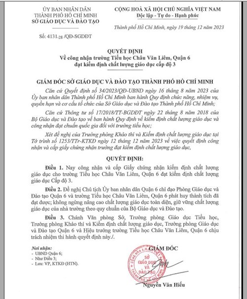 QUYẾT ĐỊNH - v/v công nhận trường Tiểu học Châu Văn Liêm, Quận 6 đạt kiểm định chất lượng giáo dục cấp độ 3