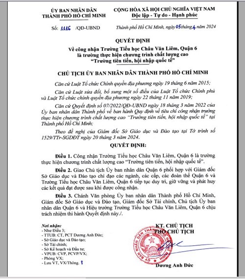 QUYẾT ĐỊNH - v/v công nhận Trường Tiểu học Châu Văn Liêm, Quận 6 là trường thực hiện chương trình chất lượng cao “Trường tiên tiến, hội nhập quốc tế”