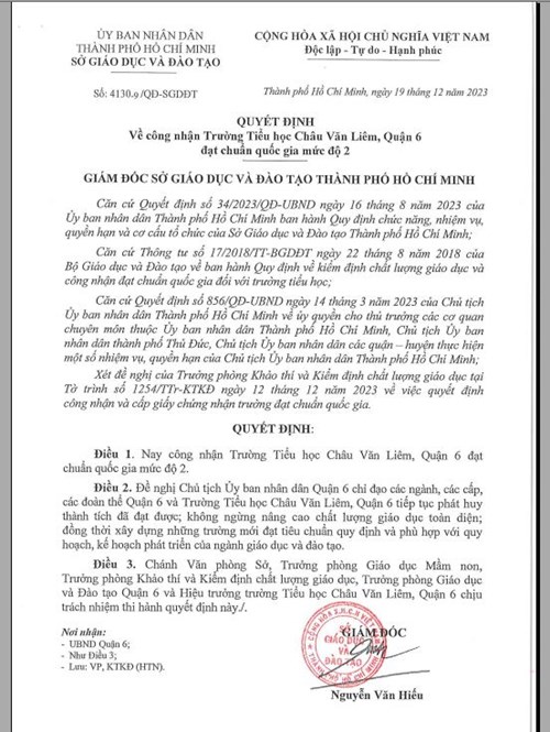 QUYẾT ĐỊNH - v/v công nhận Trưòng Tiểu học Châu Văn Liêm, Quận 6 đạt chuẩn quốc gia mức độ 2