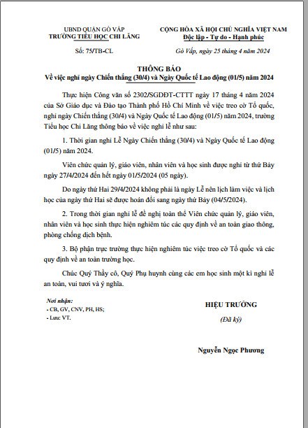 Thông báo
Về việc nghỉ ngày Chiến thắng (30/4) và ngày Quốc tế Lao động (1/5) năm 2024