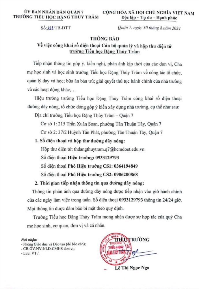 Công khai số điện thoại CBQL và hộp thư điện tử trường TH Đặng Thùy Trâm