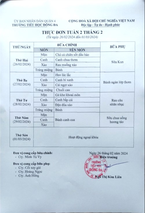 Thực đơn bán trú tuần 2 tháng 2 năm 2024