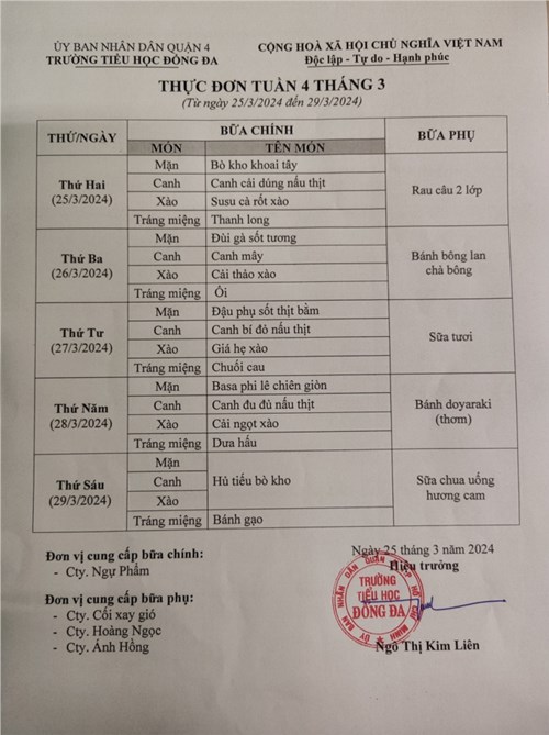 Thực đơn bán trú tuần 4 tháng 3 năm 2024