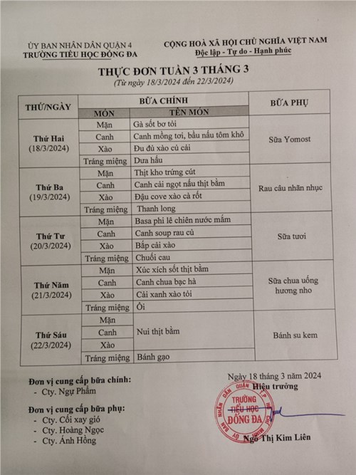 Thực đơn bán trú tuần 3 tháng 3 năm 2924