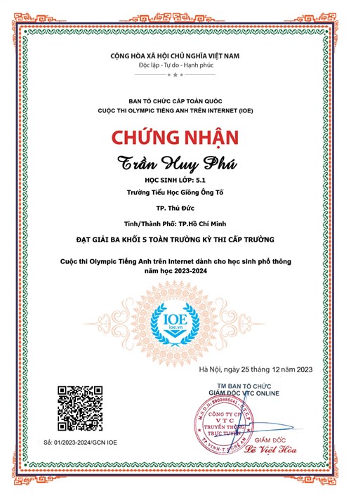 09 học sinh đạt giải (các khối) toàn trường kỳ thi cấp Trường - Cuộc thi Olympic Tiếng Anh trên Internet (IOE)