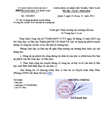 Công văn số 7734/SGDĐT-CTTT và công văn số 13/GDĐT về việc sử dụng áp phích truyền thông về công tác xã hội và tư vấn tâm lý trường học