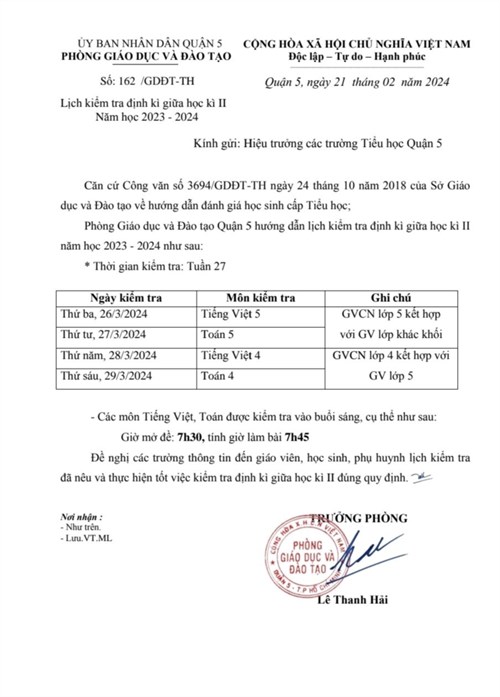 Lịch Kiểm tra định kì giữa Học kì 2 - Năm học: 2023 - 2024