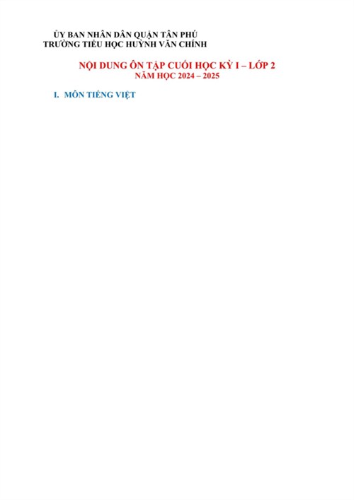 📚📚📚 Trường Tiểu học Huỳnh Văn Chính kính gửi NỘI DUNG TRỌNG TÂM ÔN TẬP CUỐI HỌC KỲ 1 - LỚP 2, năm học: 2024 -2025.