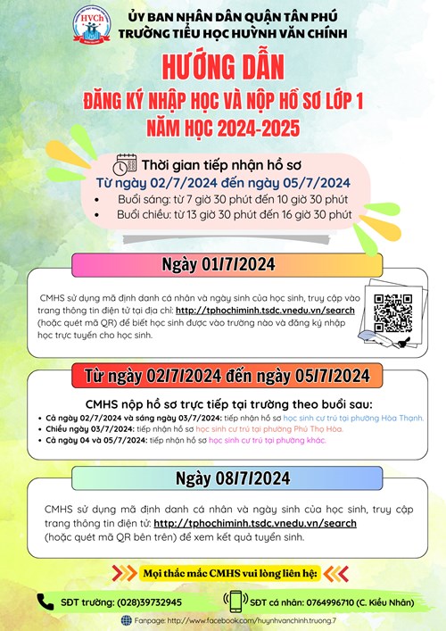 Trường tiểu học Huỳnh Văn Chính gửi quý thầy cô, cha mẹ học sinh Hướng dẫn Đăng kí và nộp hồ sơ nhập học lớp 1 - Năm học 2024-2025.