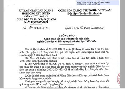 Thông báo kết quả  trúng tuyển viên chức ngành giáo dục& đào tạo quận 6 nh: 2023-2024