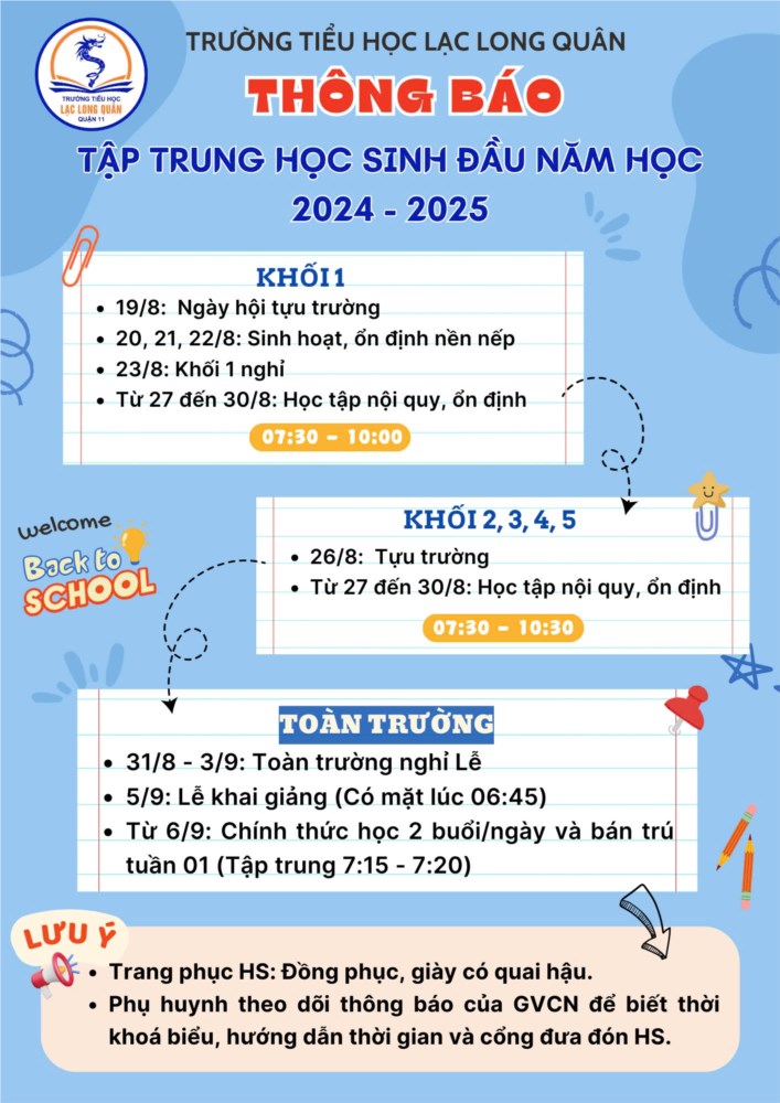 Thông báo tập trung học sinh đầu năm học 2024 - 2025