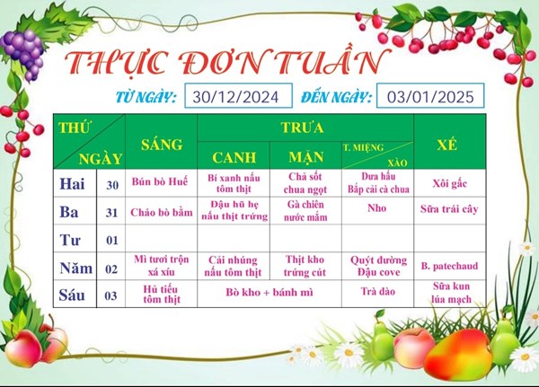 Thực đơn tuần 17 từ ngày 30/12/2024 đến ngày 03/01/2025 Năm học 2024 -2025 Trường Tiểu học Lê Đức Thọ
