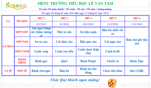 Thực đơn tuần từ 08/01/2024 đến 12/01/2024