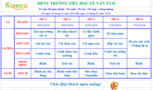 Thực đơn bán trú tuần 22 (từ 19/02/2024 đến 23/02/2024)