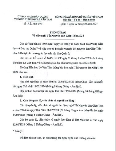 Thông báo nghỉ Tết Nguyên đán Giáp Thìn - năm 2024