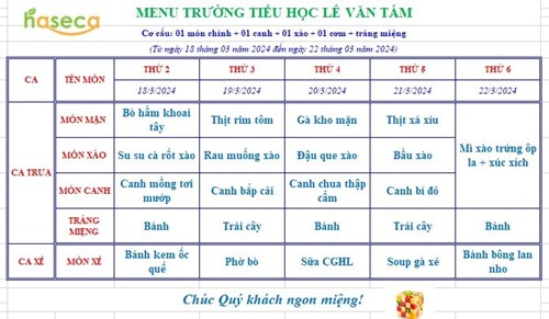 Thực đơn bán trú tuần 26 (từ 18/3/2024 đến 22/3/2024)