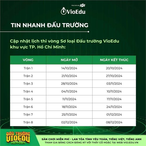 Thông báo thay đổi lịch thi lịch thi Đấu trường VioEdu - Năm học 2024 - 2025